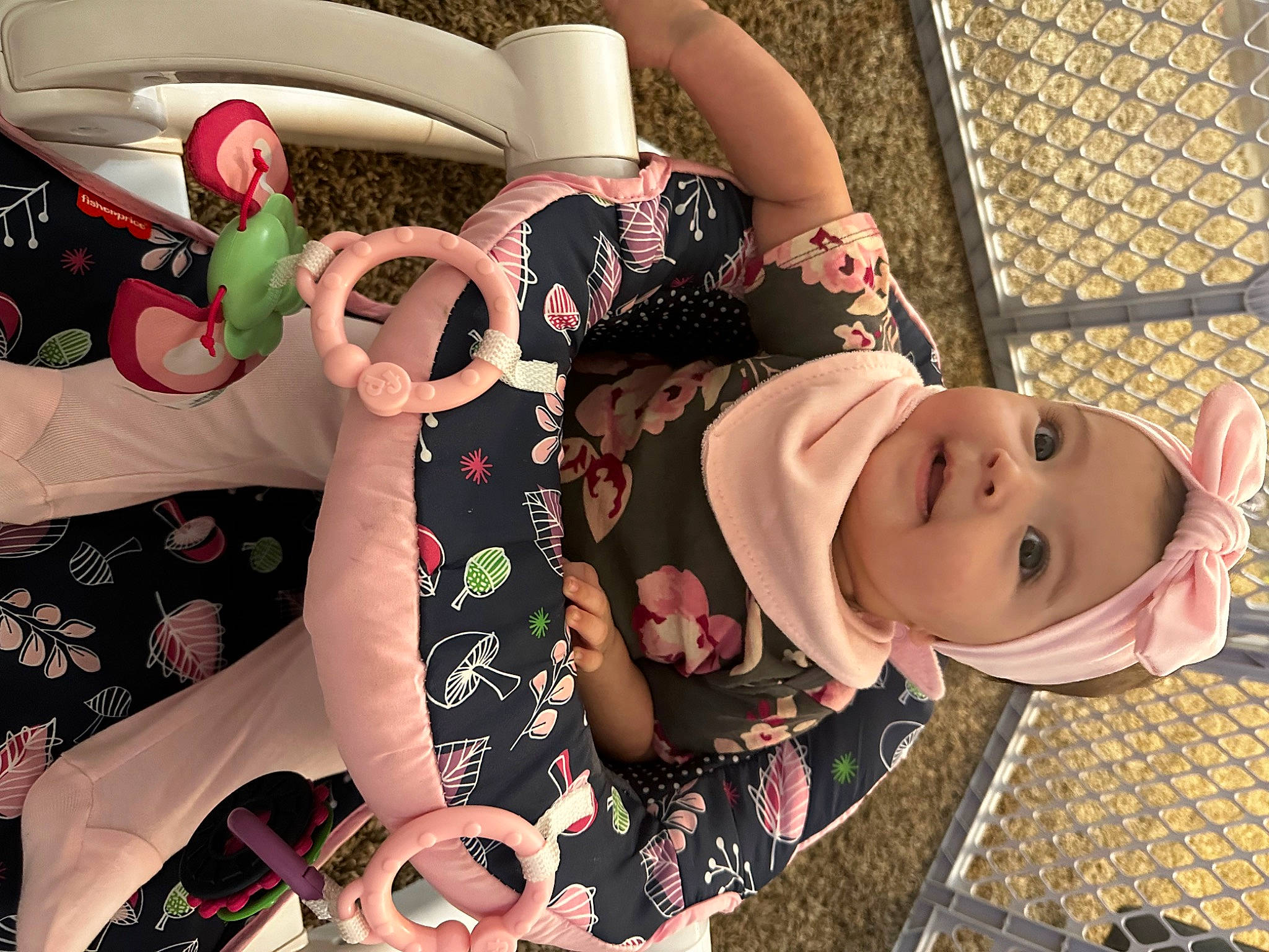 Marabella joined the competition — help win amazing prizes! baby, child, cup, drinkware, fence, grass, happy, hat, headgear, headwear, linens, pattern, person, pink, product, recreation, sitting, smile, tableware, textile
