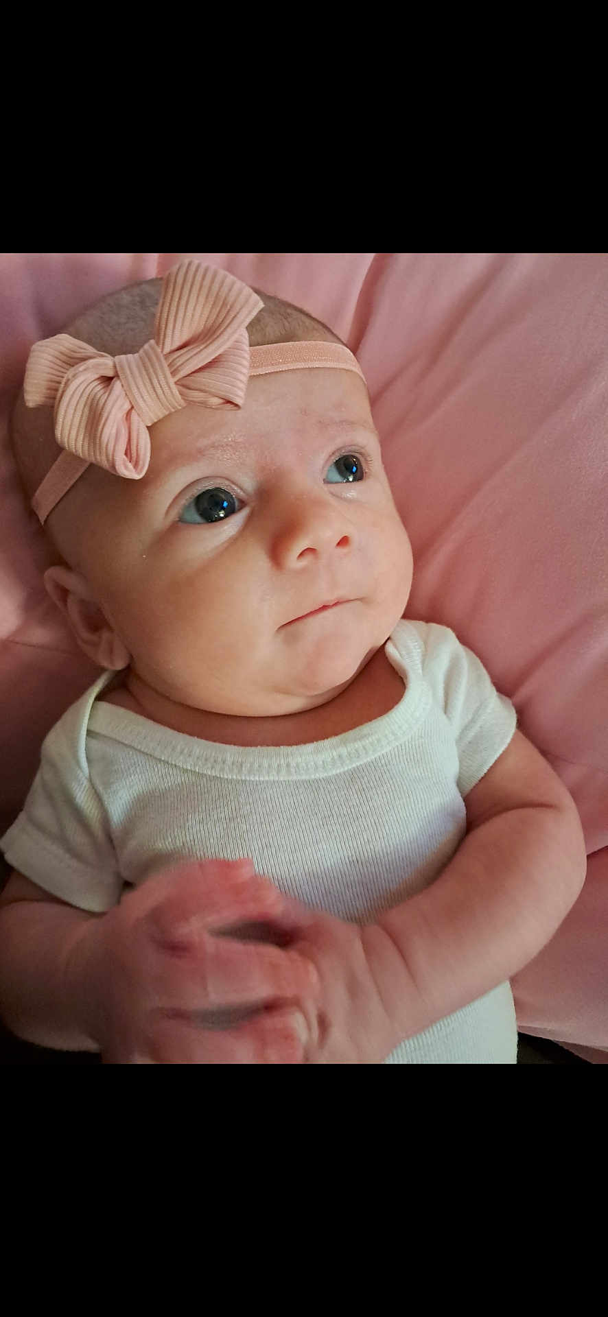 Paisley is registered to the contest to win money with this photo: baby, infant, headband, bow, pink, white_onesie, hands, clasped_hands, face, eyes, expression, closeup, portrait, cute, child, newborn, skin, soft_texture, indoor, blanket