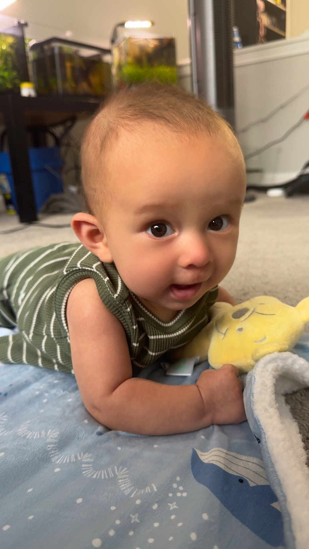 Alexander is registered to the contest to win money with this photo: baby, infant, child, plush_toy, blanket, carpet, indoor, floor, clothing, striped, face, eyes, expression, cute, soft_toy, person, toddler, hand, head, photography
