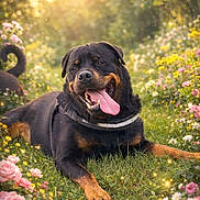 Nino participe au concours pour gagner de l'argent avec cette photo : dog, rottweiler, grass, flowers, sunlight, outdoor, tongue_out, happy, pet, nature, summer, canine, collar, garden, greenery, animal, laying_down, pink_flowers, yellow_flowers, black_and_tan