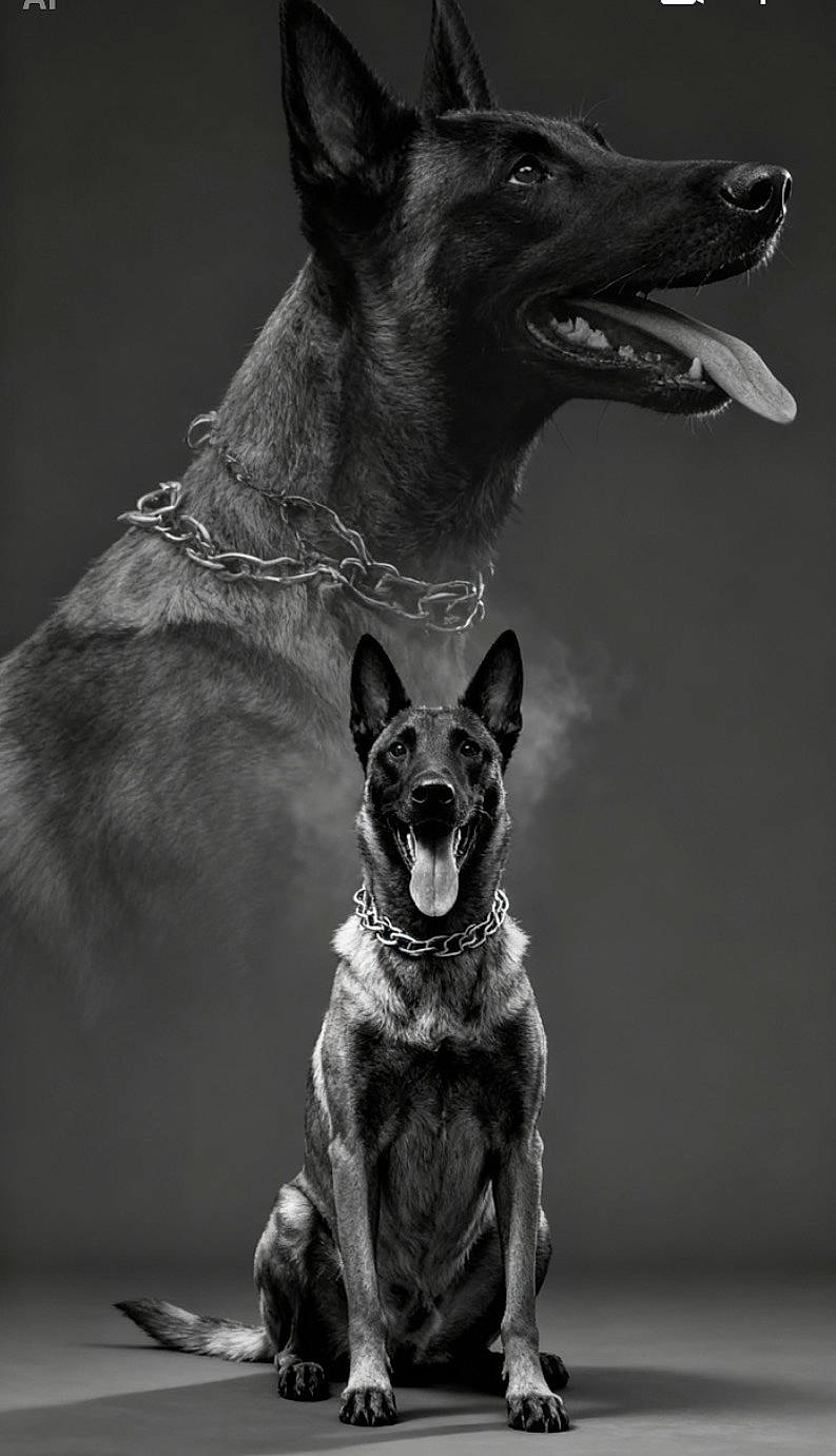 Río participe au concours pour gagner de l'argent avec cette photo : animal, black_and_white, canine, chain_collar, close_up, dog, dramatic_lighting, full_body, german_shepherd, guard_dog, large_dog, open_mouth, pet, photography, pointed_ears, portrait, short_fur, sitting, studio, tongue
