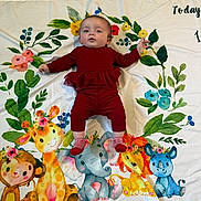 Evelyn is registered to the contest to win money with this photo: baby, infant, blanket, floral_blanket, giraffe, elephant, lion, rhino, monkey, red_outfit, onesie, socks, wooden_floor, portrait, smiling, laying_down, colorful, milestone_blanket, cute, playful