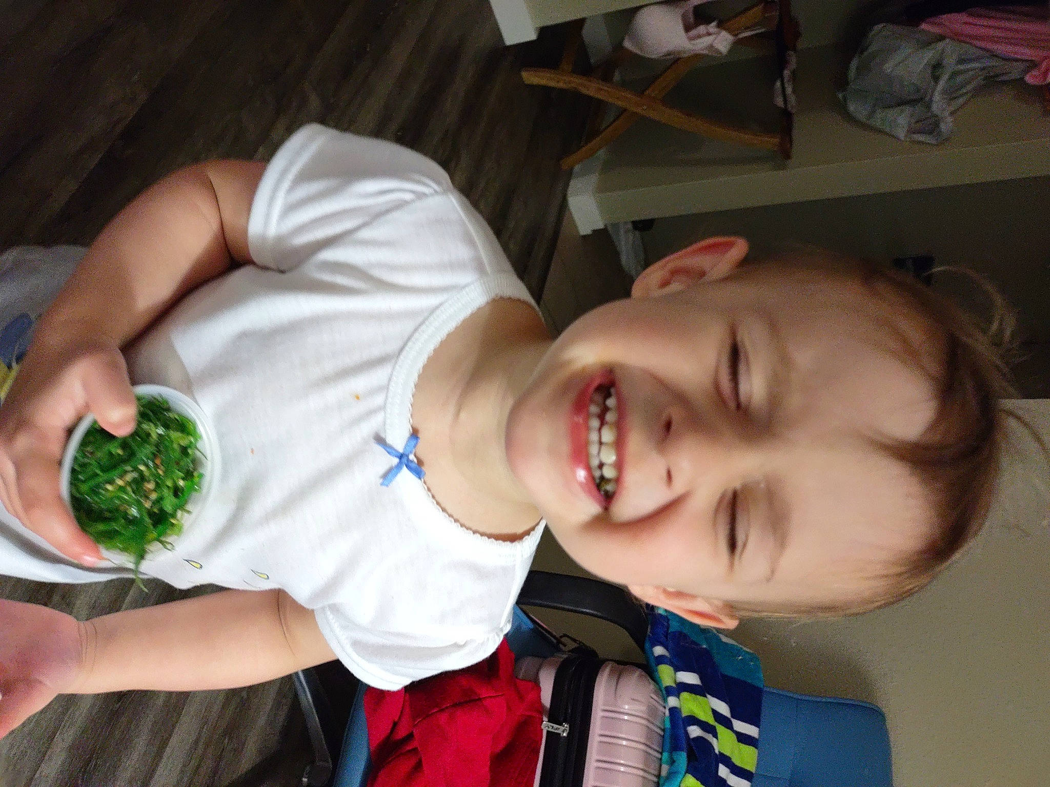 Aislynn joined the competition — help win amazing prizes! baby, broccoli, child, comfort_food, finger, food, fruit, fun, happy, ingredient, joy, leaf_vegetable, mouth, natural_foods, nose, person, produce, smile, superfood, tableware