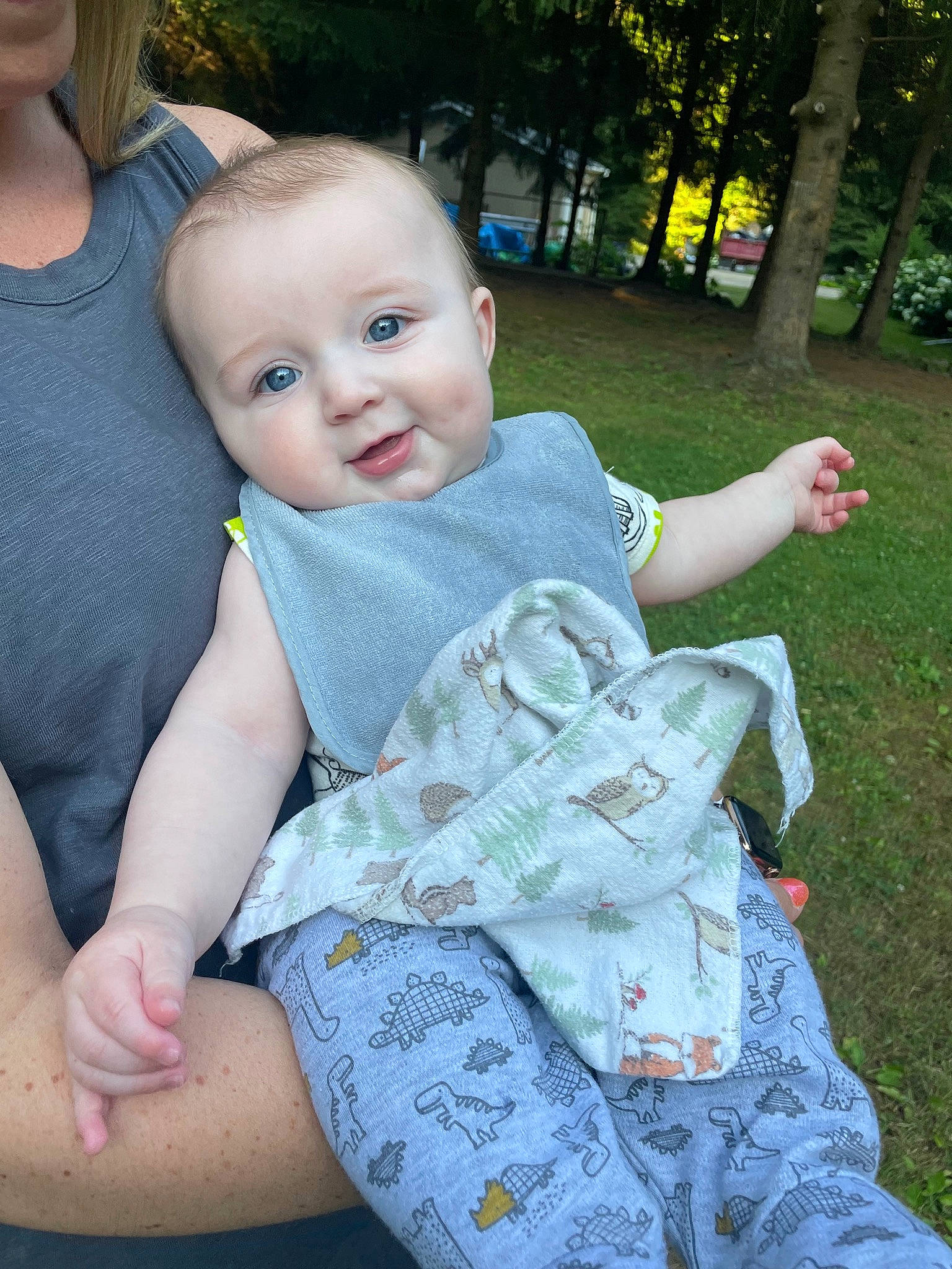 Conrad is registered to the contest to win money with this photo: baby, baby_toddler_clothing, child, cool, face, finger, grass, hand, happy, joint, leg, leisure, pattern, person, product, shoulder, skin, sleeve, standing, t_shirt