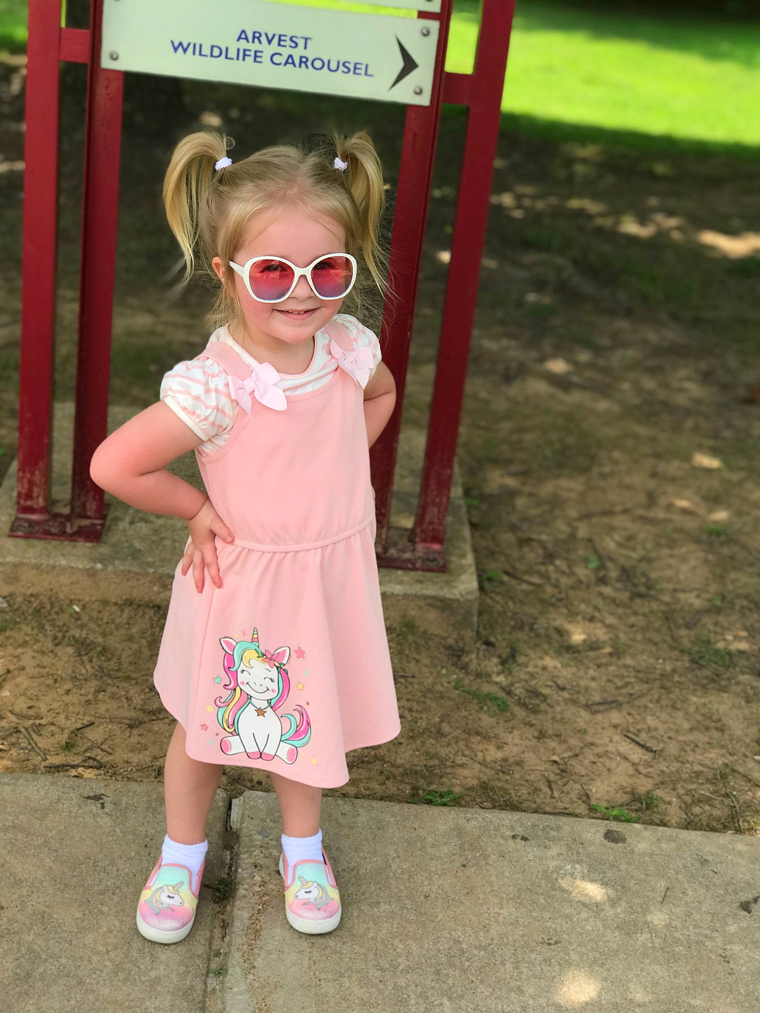 Ivorie joined the competition — help win amazing prizes! baby_toddler_clothing, cool, dress, eyewear, footwear, glasses, goggles, grass, hairstyle, happy, joy, magenta, person, pink, plant, sleeve, street_fashion, summer, sunglasses, toddler