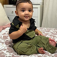 Shehzad joined the competition — help win amazing prizes! baby, child, infant, smiling, sitting, bed, blanket, clothing, bracelet, gold_chain, face, happy, indoors, furniture, pillow, flowers, curtains, map, portrait, cute