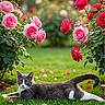 cat, gray_cat, white_cat, grass, green_grass, pink_roses, red_roses, flowers, rose_bush, garden, outdoor, nature, petals, plants, sunlight, flora, relaxing, animal, feline, spring