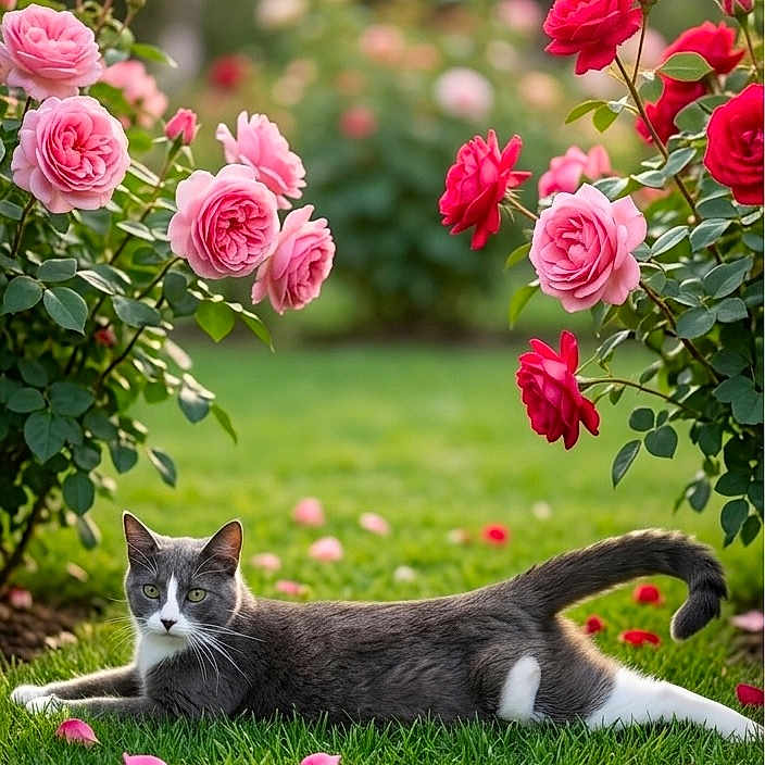 Esther joined the competition — help win amazing prizes! cat, gray_cat, white_cat, grass, green_grass, pink_roses, red_roses, flowers, rose_bush, garden, outdoor, nature, petals, plants, sunlight, flora, relaxing, animal, feline, spring