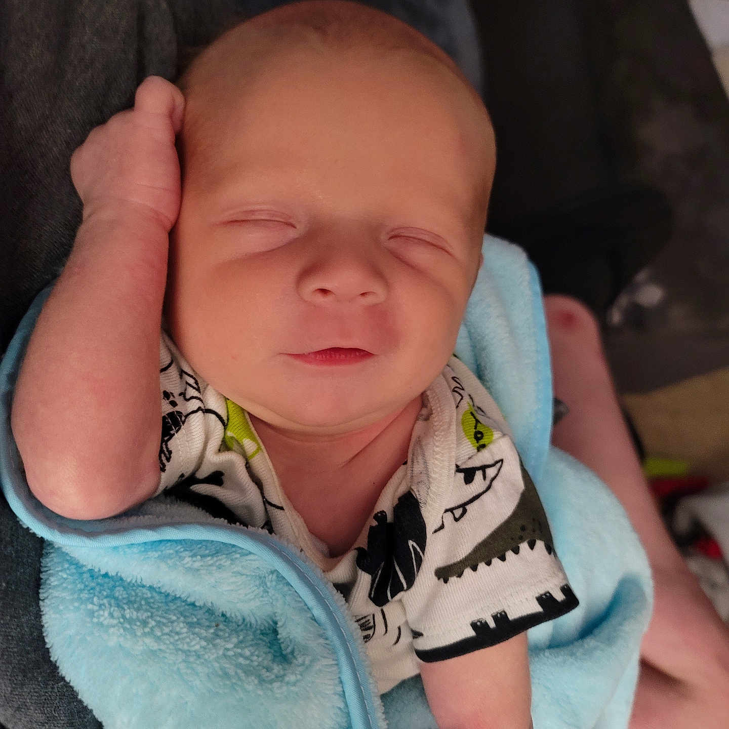 Tristan Rex is registered to the contest to win money with this photo: baby, blanket, blue, child, closed_eyes, cozy, cute, dinosaur, indoors, infant, newborn, onesie, peaceful, person, portrait, resting, sleeping, soft, tiny_arm, wrapped