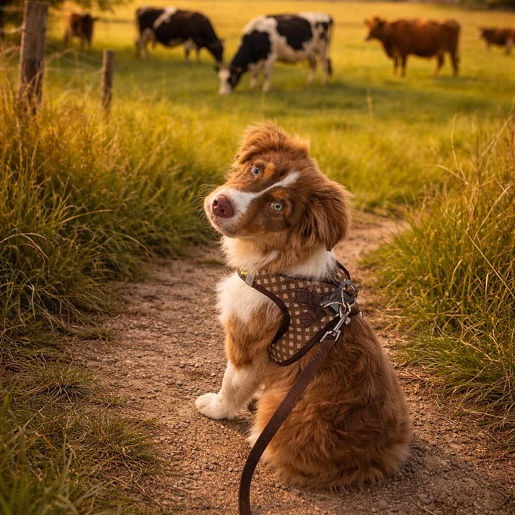 Rifle is registered to the contest to win money with this photo: animals, brown_fur, cows, dog, farm, field, grass, grazing, harness, leash, nature, outdoor, path, peaceful, pet, puppy, rural, summer, sunlight, white_fur