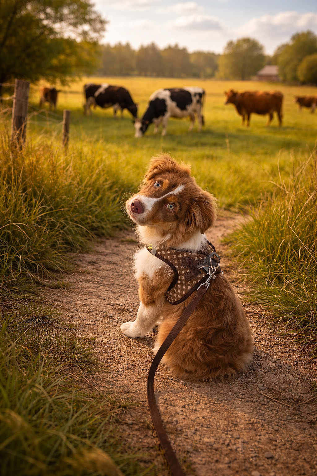 Rifle is registered to the contest to win money with this photo: animals, brown_fur, cows, dog, farm, field, grass, grazing, harness, leash, nature, outdoor, path, peaceful, pet, puppy, rural, summer, sunlight, white_fur