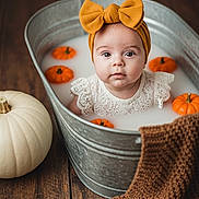 Cataleya a rejoint le concours — aidez-le/la à gagner de superbes lots ! baby, infant, headband, bow, pumpkin, milky_water, metal_tub, knitted_blanket, wooden_floor, autumn, fall, cozy, portrait, cute, child, orange, white_pumpkin, bokeh, soft_light, indoor
