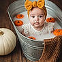 baby, infant, headband, bow, pumpkin, milky_water, metal_tub, knitted_blanket, wooden_floor, autumn, fall, cozy, portrait, cute, child, orange, white_pumpkin, bokeh, soft_light, indoor