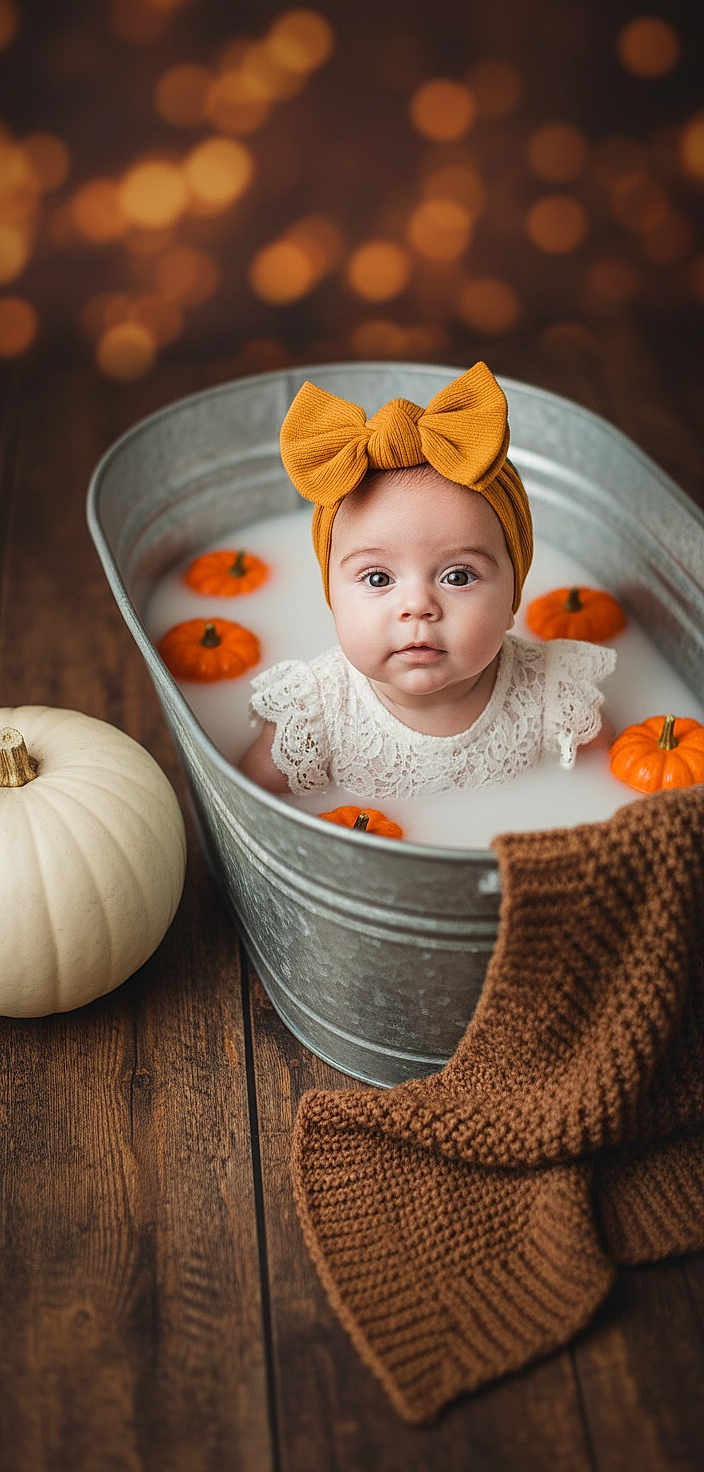 Cataleya a rejoint le concours — aidez-le/la à gagner de superbes lots ! baby, infant, headband, bow, pumpkin, milky_water, metal_tub, knitted_blanket, wooden_floor, autumn, fall, cozy, portrait, cute, child, orange, white_pumpkin, bokeh, soft_light, indoor