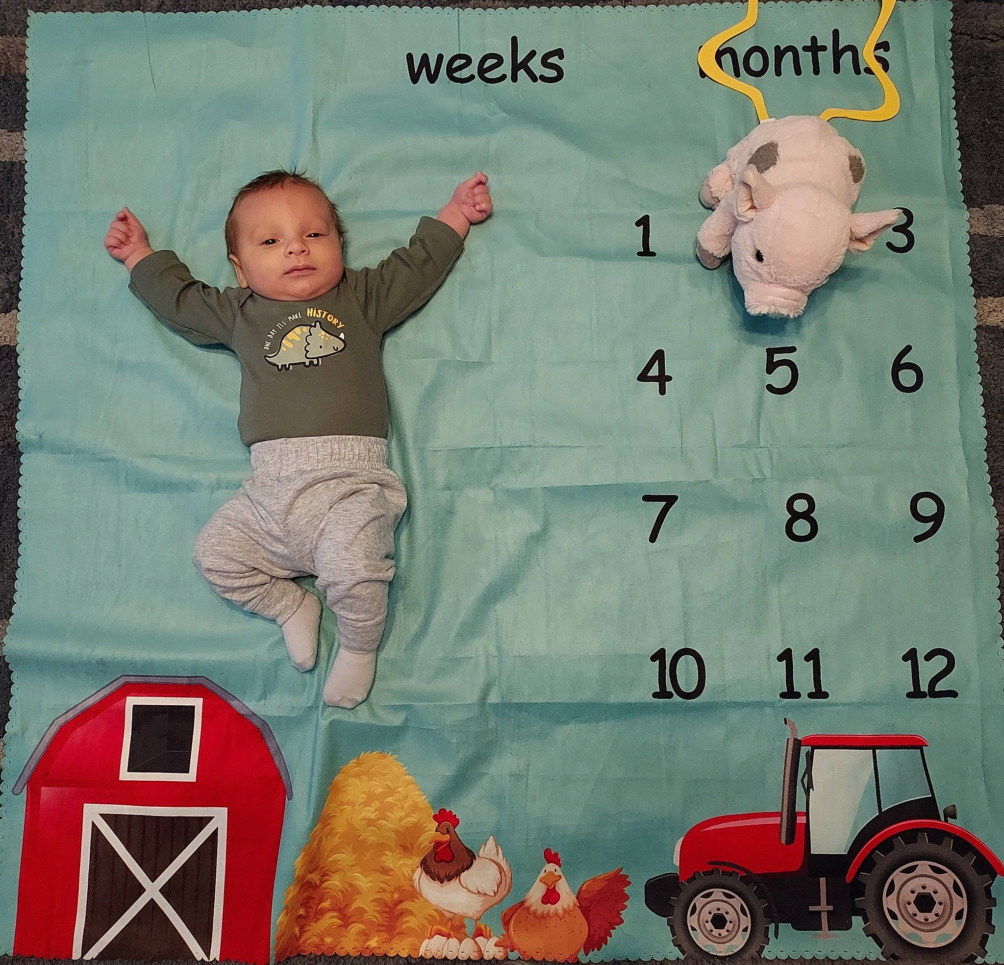 Wyatt joined the competition — help win amazing prizes! art, automotive_tire, baby, baby_toddler_clothing, child, font, green, happy, motor_vehicle, pattern, people, person, product, room, sleeve, t_shirt, textile, tire, toddler, vehicle