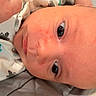 Theodore is registered to the contest to win money with this photo: baby, infant, face, closeup, dinosaur_print, onesie, skin, red_spots, lying_down, quilt, eyes, head, newborn, child, cute, expression, portrait, clothing, indoors, soft_light
