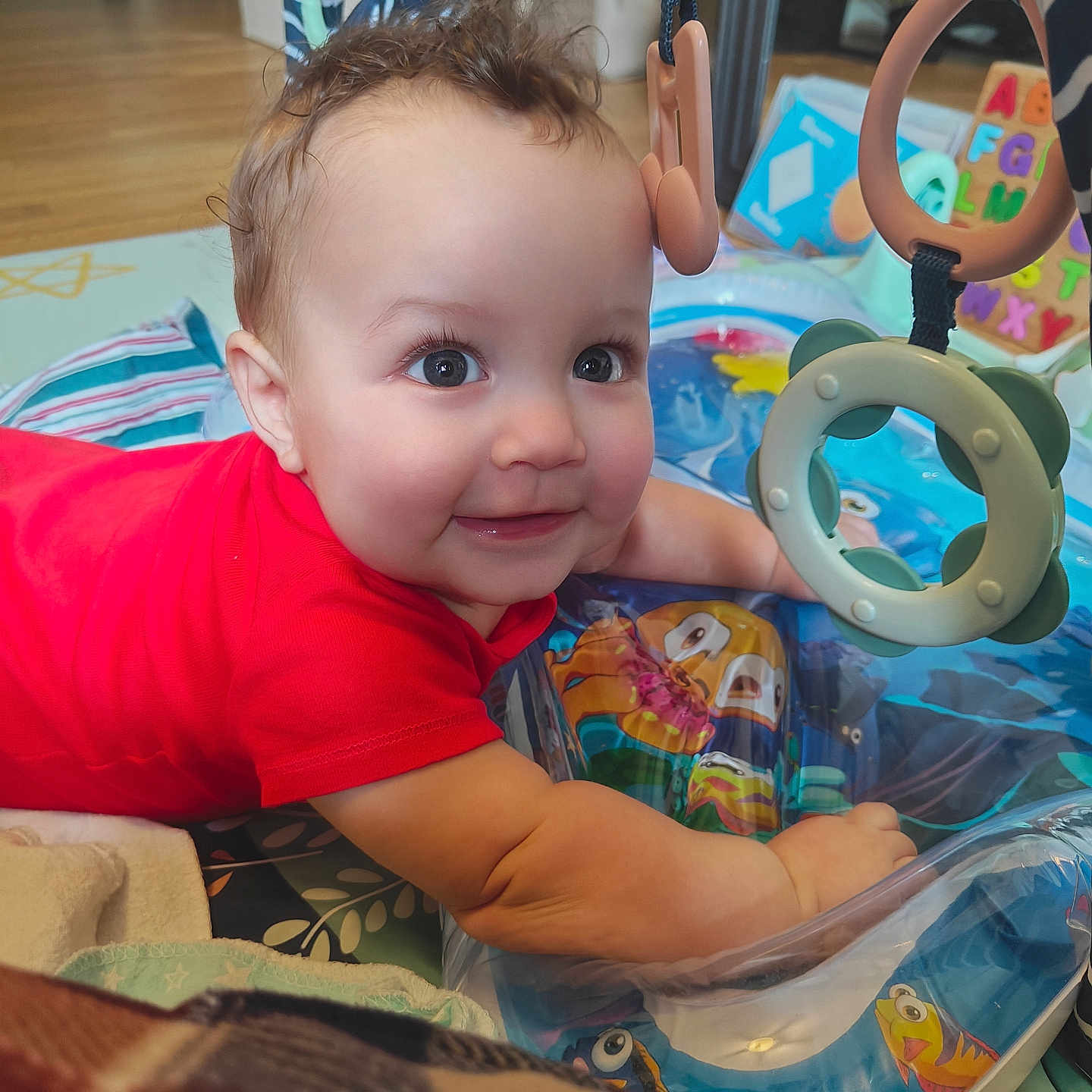 Baruk joined the competition — help win amazing prizes! activity_center, alphabet_blocks, baby, baby_toys, blue_eyes, brown_hair, child, closeup, colorful, happy, home, indoor, infant, play_mat, playtime, portrait, red_shirt, sitting, smiling, toy_ring