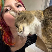 Zelda joined the competition — help win amazing prizes! person, cat, indoor, closeup, tabby_cat, colorful_hair, nuzzling, affection, pet, animal, face, portrait, casual, black_shirt, human, whiskers, feline, tattoo, curious, blur