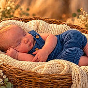 Anthony joined the competition — help win amazing prizes! baby, newborn, sleeping, infant, portrait, basket, woven_basket, blanket, knitted_clothing, blue_outfit, cream_blanket, peaceful, cozy, indoor, warm_lighting, flowers, floral_background, resting, close_up, child
