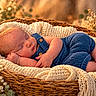 baby, newborn, sleeping, infant, portrait, basket, woven_basket, blanket, knitted_clothing, blue_outfit, cream_blanket, peaceful, cozy, indoor, warm_lighting, flowers, floral_background, resting, close_up, child