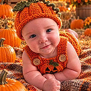 Anthony is registered to the contest to win money with this photo: autumn, autumn_leaves, baby, blanket, child, costume, crocheted_hat, fall, farm, halloween, infant, orange_clothing, outdoor, portrait, pumpkin, pumpkin_patch, seasonal, sitting, smiling, warm_lighting