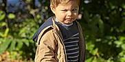 Raphaël a rejoint le concours — aidez-le/la à gagner de superbes lots ! child, toddler, outdoor, jacket, striped_shirt, pants, grass, trees, sunlight, face, standing, nature, autumn, leaves, young_child, casual_clothing, smirk, person, portrait, daylight