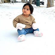 Dhrivi is registered to the contest to win money with this photo: toddler, child, snow, winter, outdoor, sitting, brown_sweater, mittens, socks, jeans, tree, car, sidewalk, winter_clothing, parked_car, nature, cold_weather, person, young_child, thoughtful