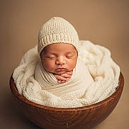 Rhythm joined the competition — help win amazing prizes! newborn, baby, infant, sleeping, knitted_hat, wrapped, wooden_bowl, blanket, soft_texture, cute, portrait, studio, warm_colors, cozy, child, peaceful, resting, small_hands, headwear, baby_photography