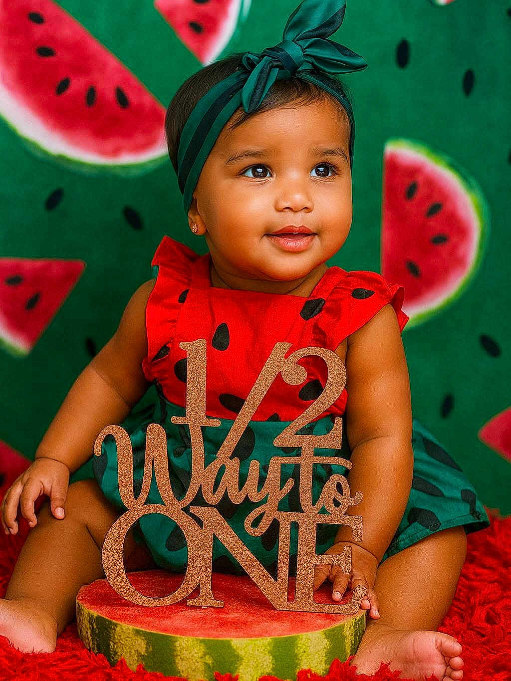 Khiari joined the competition — help win amazing prizes! baby, child, watermelon, birthday, sign, red_clothing, headband, green_background, cute, sitting, smiling, portrait, celebration, fruit, skin, hand, foot, decor, photography, happy