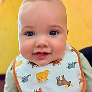 Crue joined the competition — help win amazing prizes! baby, child, face, smile, bib, animal_print, closeup, cute, infant, portrait, apparel, yellow_background, happy, young_child, head, cheeks, eyes, mouth, clothing, person