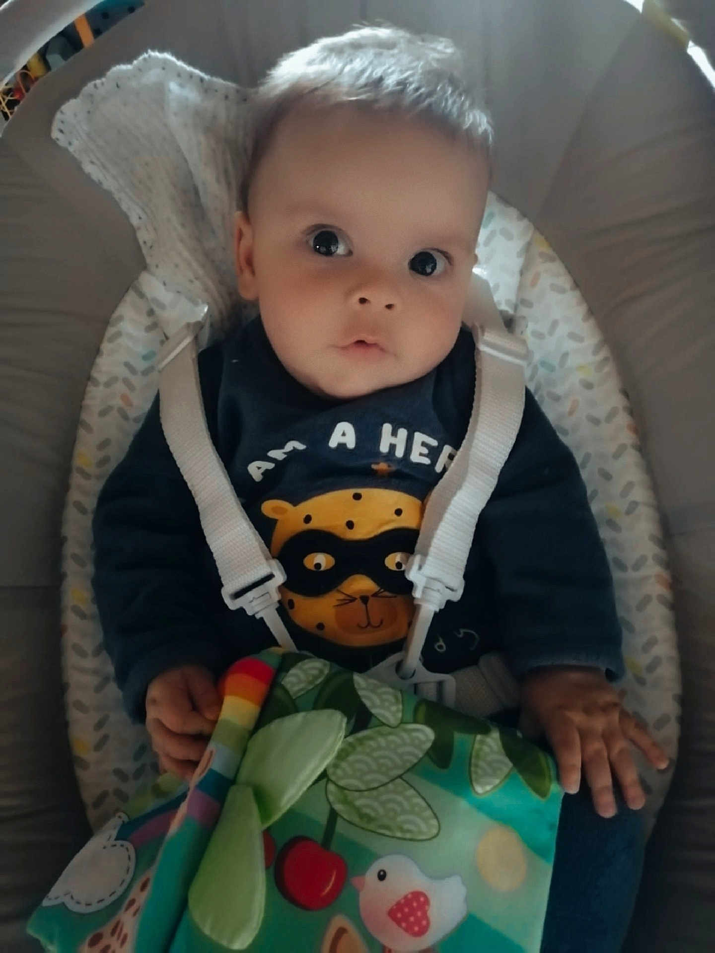 Aylan a rejoint le concours — aidez-le/la à gagner de superbes lots ! baby, child, infant, face, clothing, blanket, seat, safety_straps, colorful, bird, cherry, hand, cute, portrait, indoors, expression, young, soft_lighting, fabric, superhero