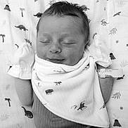 Weston joined the competition — help win amazing prizes! newborn, baby, infant, sleeping, mittens, bib, blanket, dinosaur_pattern, volcano_pattern, animal_print, cozy, peaceful, smile, face, portrait, indoors, soft_texture, cute, tiny_hands, resting