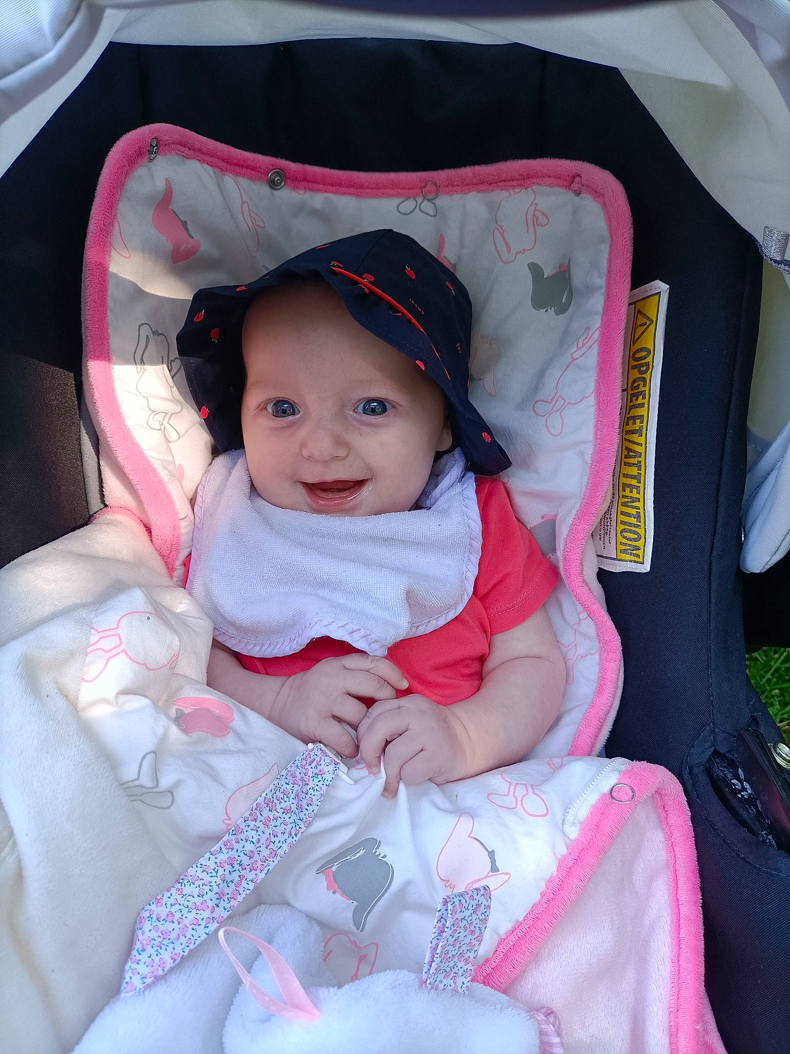 Zélya participe au concours pour gagner de l'argent avec cette photo : baby, baby_carriage, baby_products, baby_toddler_clothing, car_seat, cheek, child, comfort, face, fun, hairstyle, happy, head, headwear, lap, person, pink, product, skin, sleeve