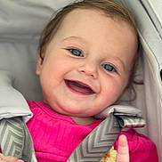 Mika joined the competition — help win amazing prizes! baby, smile, child, blue_eyes, car_seat, seatbelt, pink_clothing, happy, face, infant, cute, closeup, portrait, indoor, safety, chubby_cheeks, finger, straps, fabric, young