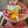 Cora joined the competition — help win amazing prizes! baby, smiling, toy, baby_seat, pink, polka_dot, carpet, shoes, stone_wall, infant, child, happy, indoor, person, clothing, footwear, play, cute, seat, home