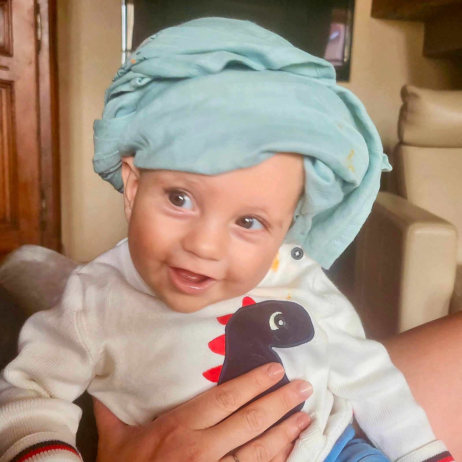 Tiago a rejoint le concours — aidez-le/la à gagner de superbes lots ! baby, child, smile, indoor, clothing, dinosaur_print, hand, person, headwear, sweater, cute, happy, portrait, face, skin, young_child, seated, cozy, furniture, living_room