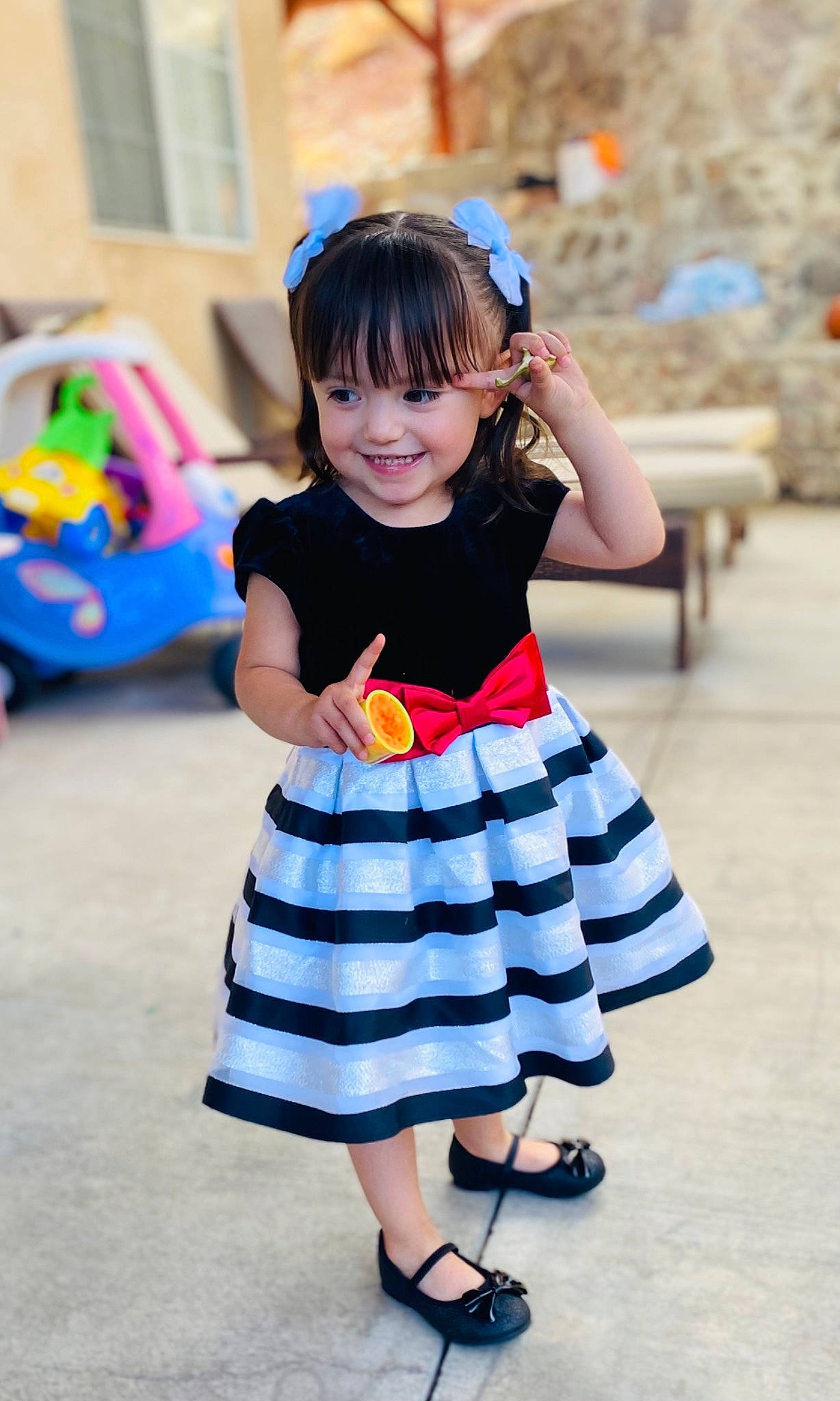 Isabella joined the competition — help win amazing prizes! baby_toddler_clothing, blue, child, dress, electric_blue, event, footwear, fun, hair, happy, human_leg, joy, leisure, pattern, person, photograph, recreation, red, smile, street_fashion
