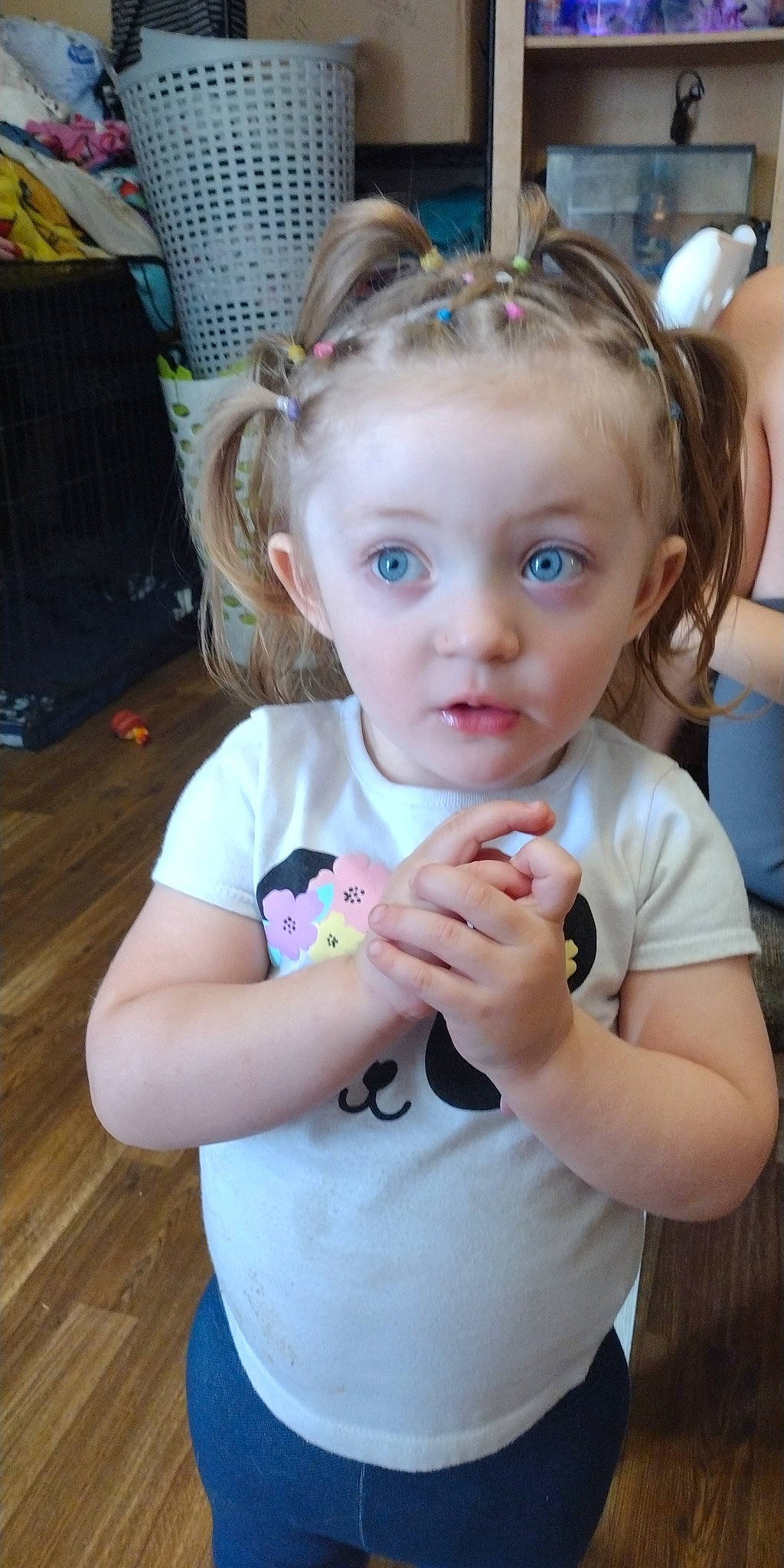 Ashlyn is registered to the contest to win money with this photo: baby_toddler_clothing, cheek, child, dress, eye, eyelash, eyewear, face, fun, gesture, hairstyle, happy, head, iris, person, shoulder, skin, smile, t_shirt, toddler