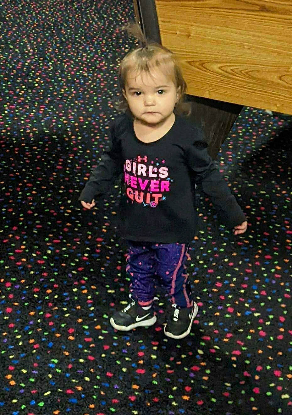 Haley joined the competition — help win amazing prizes! baby, baby_toddler_clothing, black, child, electric_blue, flooring, fun, grass, happy, magenta, pattern, people_in_nature, person, recreation, road_surface, shadow, sleeve, t_shirt, tints_and_shades, toddler