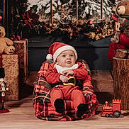 Isaac participe au concours pour gagner de l'argent avec cette photo : baby, santa_hat, plaid, christmas, holiday, teddy_bear, gift, toy_train, nutcracker, window, snow, festive, decorations, wood_floor, red_clothing, child, smiling, indoor, cozy, holiday_season