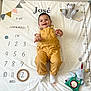 baby, child, smiling, overalls, white_socks, stuffed_toy, milestone_blanket, numbers, months, toy_bear, toy_rabbit, colorful_flags, happy, portrait, infant, laying_down, indoors, fabric, cute, celebration