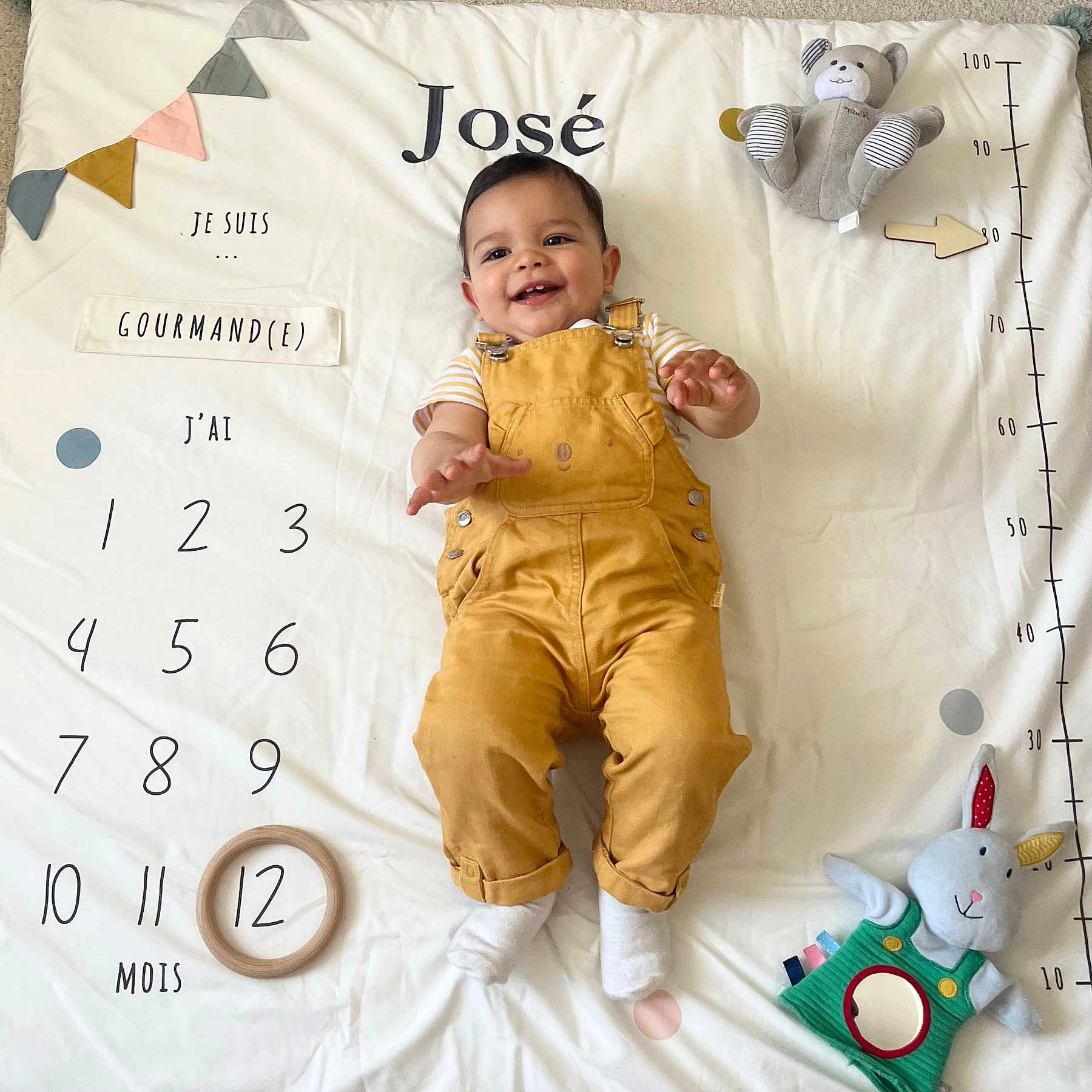 José a rejoint le concours — aidez-le/la à gagner de superbes lots ! baby, celebration, child, colorful_flags, cute, fabric, happy, indoors, infant, laying_down, milestone_blanket, months, numbers, overalls, portrait, smiling, stuffed_toy, toy_bear, toy_rabbit, white_socks