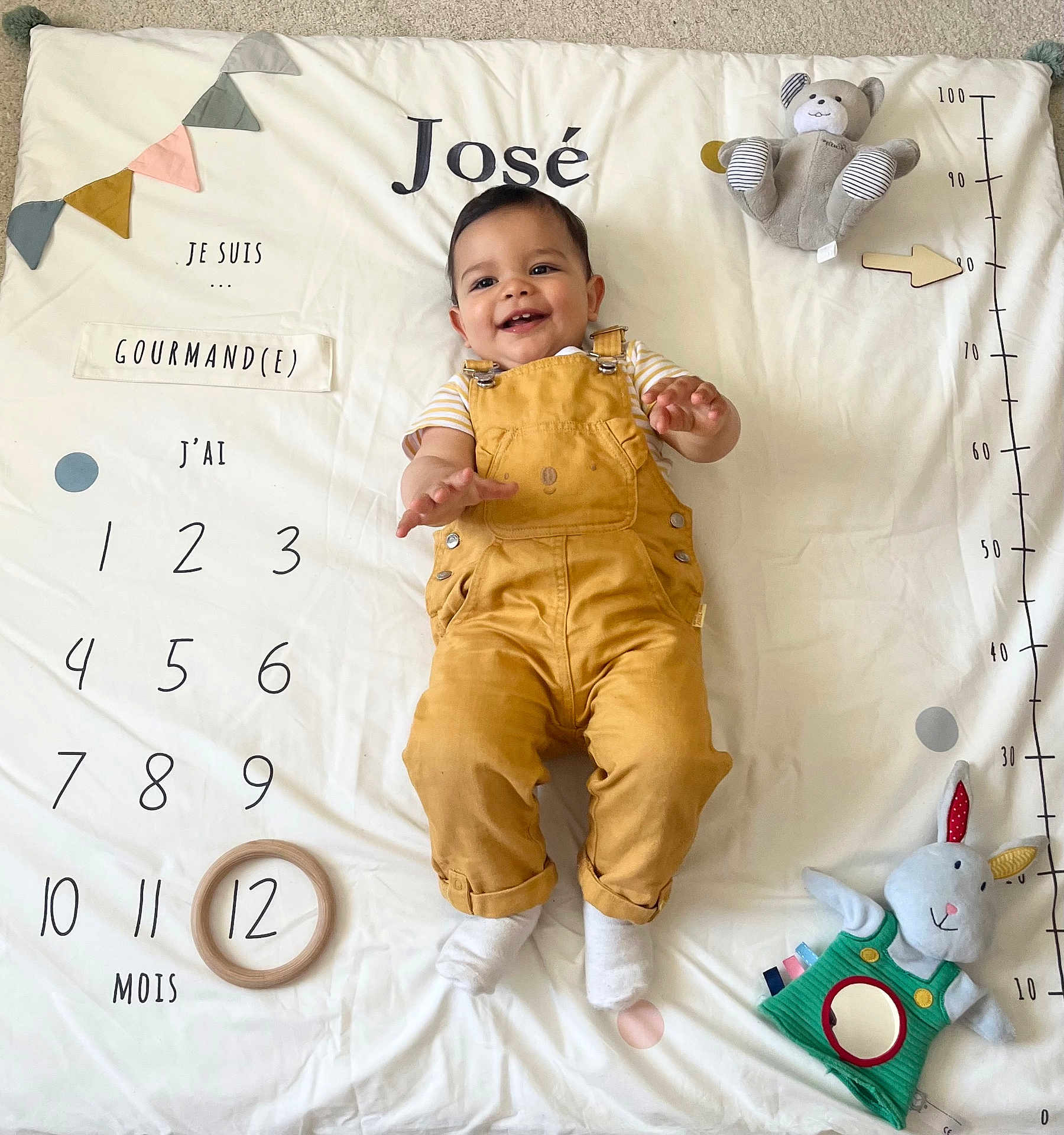 José a rejoint le concours — aidez-le/la à gagner de superbes lots ! baby, child, smiling, overalls, white_socks, stuffed_toy, milestone_blanket, numbers, months, toy_bear, toy_rabbit, colorful_flags, happy, portrait, infant, laying_down, indoors, fabric, cute, celebration