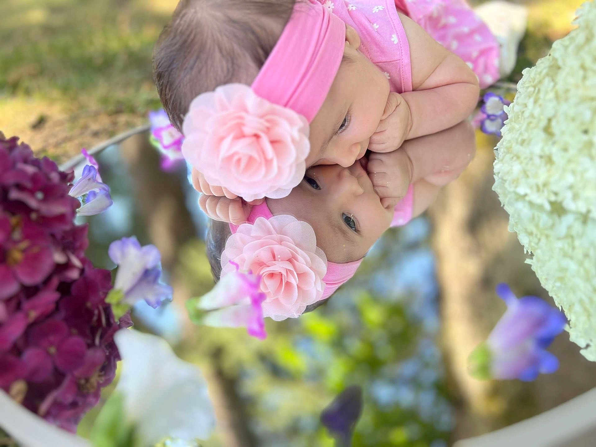 Leya a rejoint le concours — aidez-le/la à gagner de superbes lots ! baby, infant, mirror, reflection, headband, pink_flower, flowers, outdoor, bokeh, portrait, closeup, cute, hands, face, gaze, shallow_depth_of_field, blossoms, floral_arrangement, grass, head