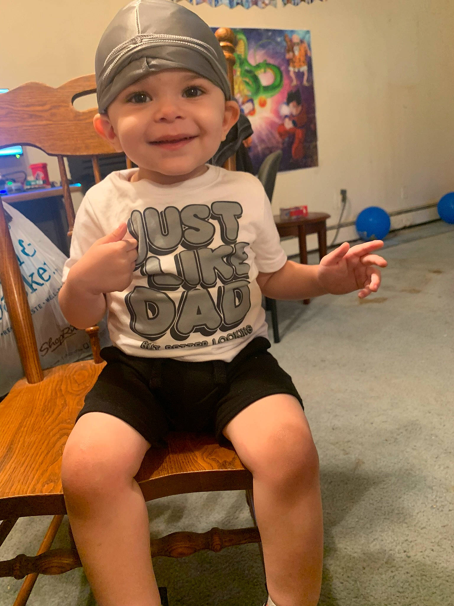Atreus joined the competition — help win amazing prizes! baby_toddler_clothing, baseball_cap, blue, cap, child, facial_expression, fun, happy, headwear, human_leg, joy, knee, leisure, person, personal_protective_equipment, shorts, sleeve, smile, sportswear, standing