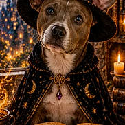 Mogey is registered to the contest to win money with this photo: book, brown_fur, candle, cloak, costume, cozy, decorative, dog, fantasy, floppy_ears, indoor, magic, mystical, photograph, portrait, puppy, sitting, spellbook, witch_hat, wizard_hat