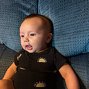 Atlas joined the competition — help win amazing prizes! baby, child, infant, portrait, sitting, armchair, blue, black_clothing, sun_pattern, wide_eyed, open_mouth, face, eyes, indoor, furniture, couch, textile, close_up, adorable, photography