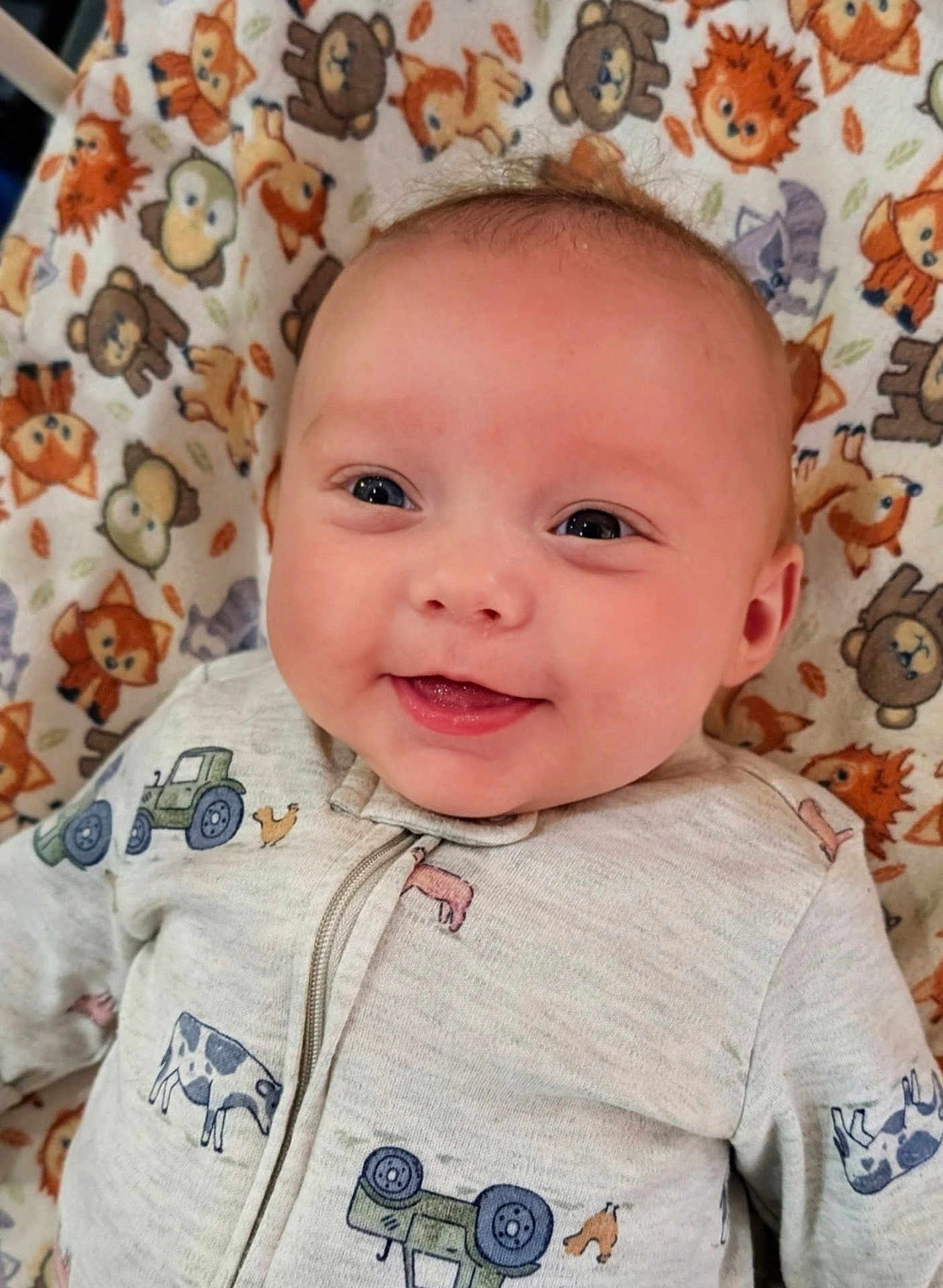 Denny is registered to the contest to win money with this photo: baby, smile, face, infant, onesie, tractor, farm_animals, blanket, animal_pattern, happy, cute, child, portrait, lying_down, indoors, soft_lighting, closeup, head, skin, clothing