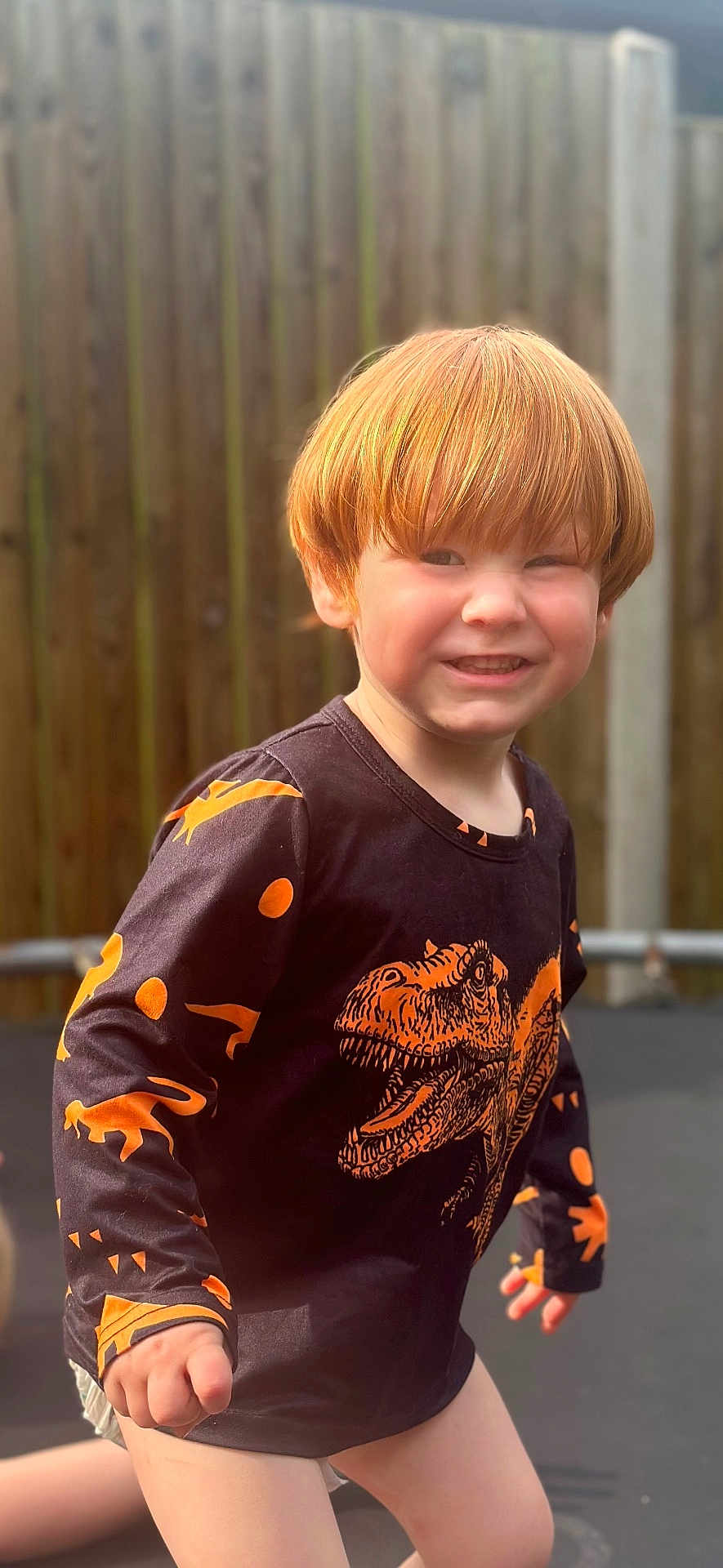 Tobias joined the competition — help win amazing prizes! child, red_hair, dinosaur_shirt, black_shirt, orange_print, smiling, outdoor, fence, wooden_fence, casual_clothing, young_child, happy, portrait, playful, sunlight, daylight, person, kid, long_sleeve_shirt, fun