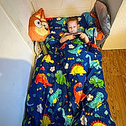 Tobias is registered to the contest to win money with this photo: child, bed, blanket, dinosaur_pattern, pillow, cartoon_pillow, bottle, handheld_device, wooden_floor, indoor, room, sleeping_area, cozy, colorful, blue_bedding, young_child, toy, resting, casual, comfort